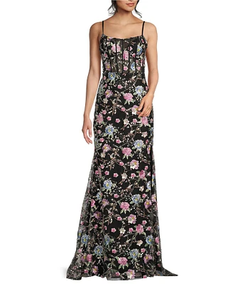 Coya Collection Floral Sequin Embroidered Scoop Neck Spaghetti Strap Sheer Corset Bodice Side Slit Gown
