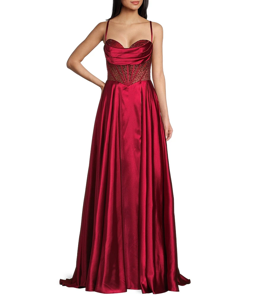 Coya Collection Satin Sweetheart Neck Beaded Stone Illusion Corset Bodice Front Slit A-Line Dress