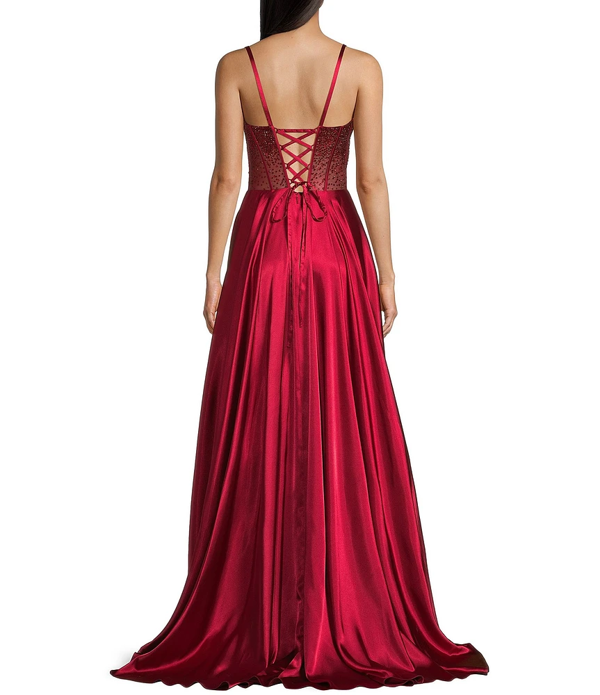 Coya Collection Satin Sweetheart Neck Beaded Stone Illusion Corset Bodice Front Slit A-Line Dress