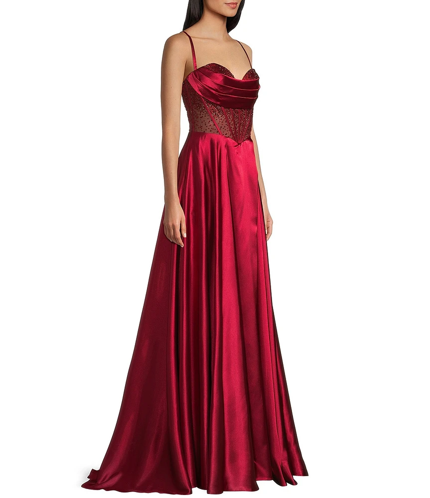 Coya Collection Satin Sweetheart Neck Beaded Stone Illusion Corset Bodice Front Slit A-Line Dress