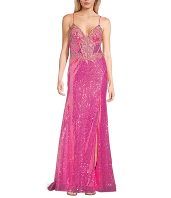 Coya Collection Sequin Beaded Applique V-Neck Spaghetti Strap Fitted Corset Bodice Open Back Side Slit Gown