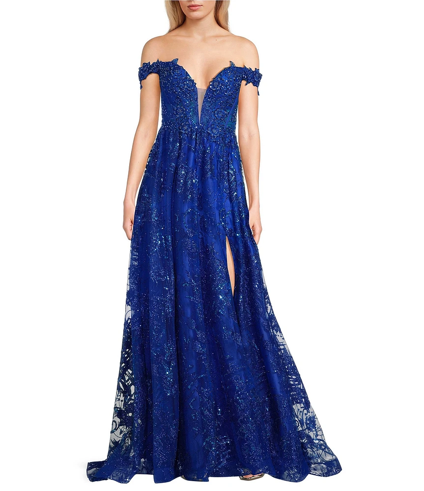 Coya Collection Sequin Embroidered Lace Off-The-Shoulder Illusion V-Neck Side Slit Lace Up Back Gown