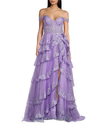 Coya Collection Sequin Floral Embroidered Sweetheart Neck Off-The-Shoulder Sheer Corset Bodice Tiered Ruffle Side Slit Gown