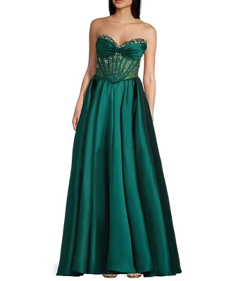 Coya Collection Sequin Sweetheart Neck Strapless Sheer Boned Bodice A-Line Gown