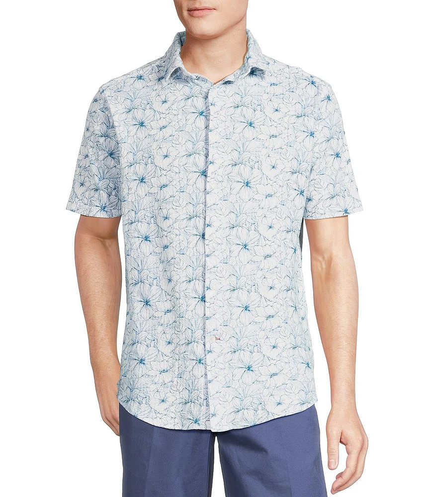 Cremieux Blue Label Tropical Floral Printed Seersucker Short Sleeve Coatfront Shirt