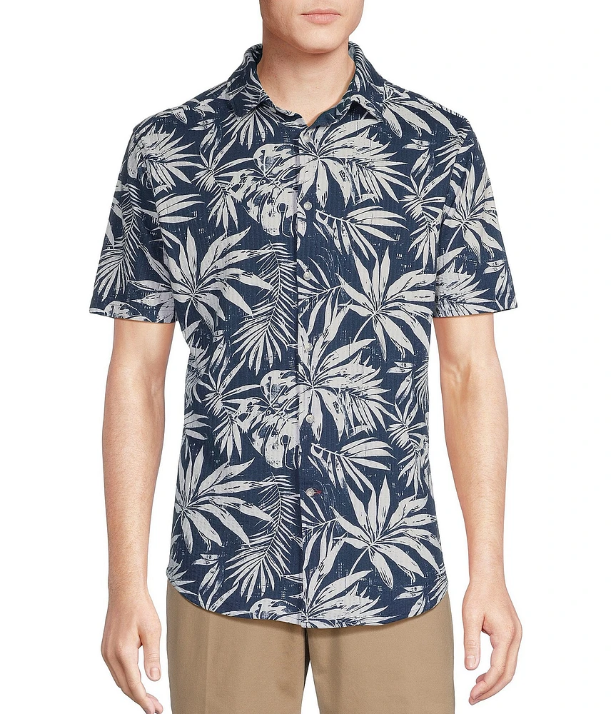 Cremieux Blue Label Tropical Leaf Printed Seersucker Short Sleeve Coatfront Shirt
