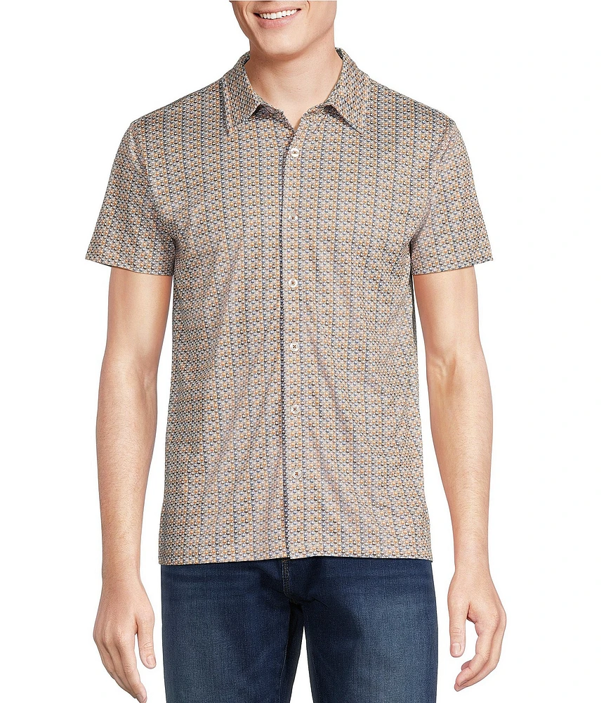 Cremieux Premium Denim Guitar Print Short Sleeve Coat Front Knit Shirt