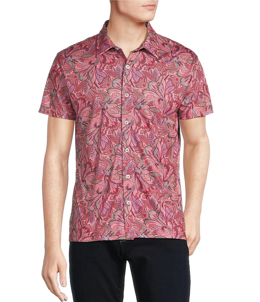 Cremieux Premium Denim Pink Boho Floral Print Short Sleeve Coat Front Knit Shirt
