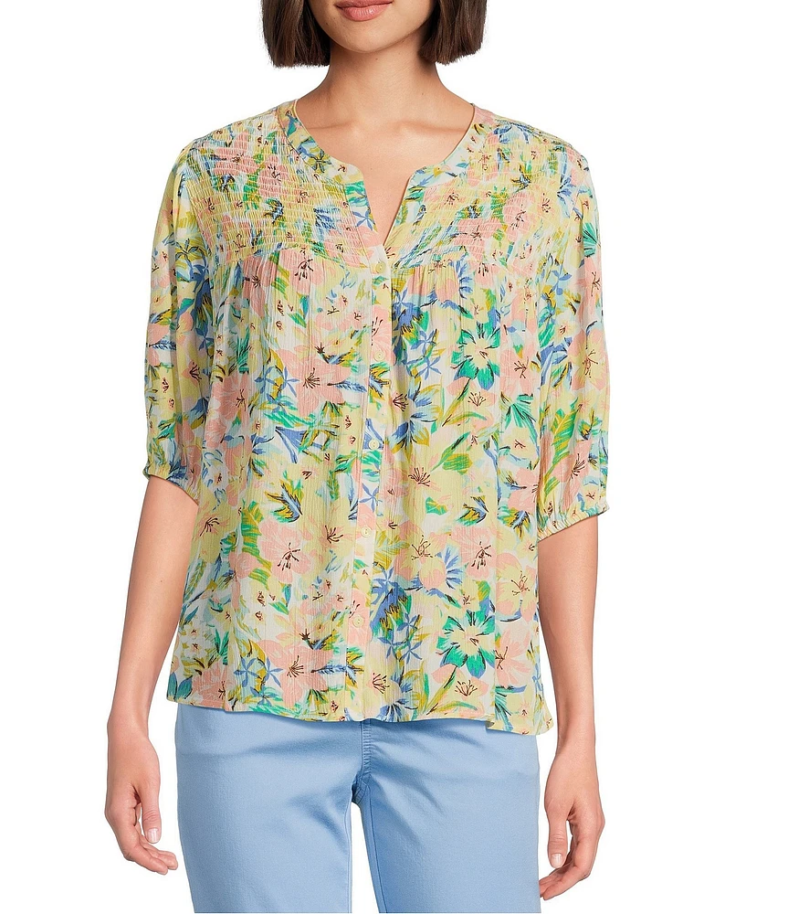 Crinkle Gauze Floral Crew Neck Elbow Sleeve Smocked Detail Button-Front Blouse