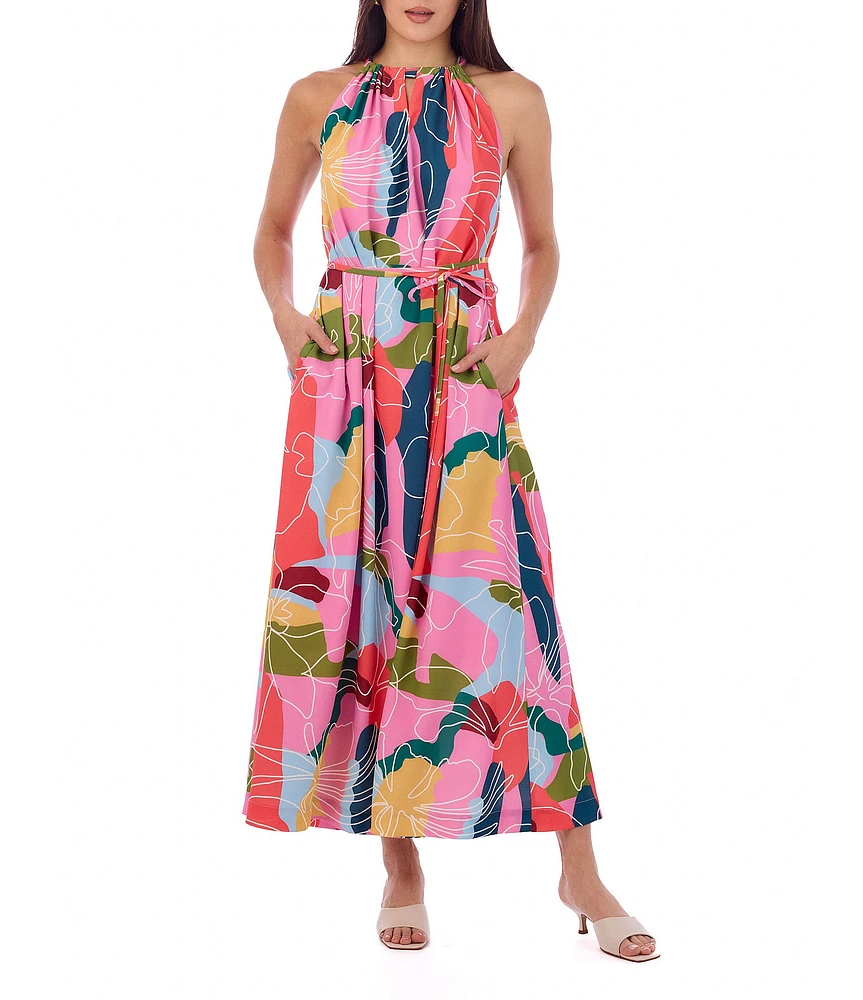 CROSBY by Mollie Burch Julie Floral Whimsy Print Split Neck Sleeveless Maxi Dress