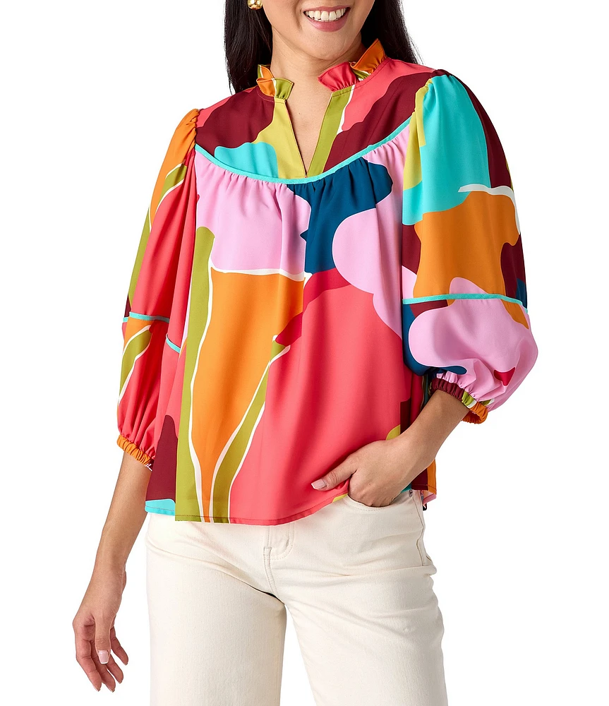 CROSBY by Mollie Burch Rosie Poppy Printed Split V-Neckline Long Sleeve Coordinating Top