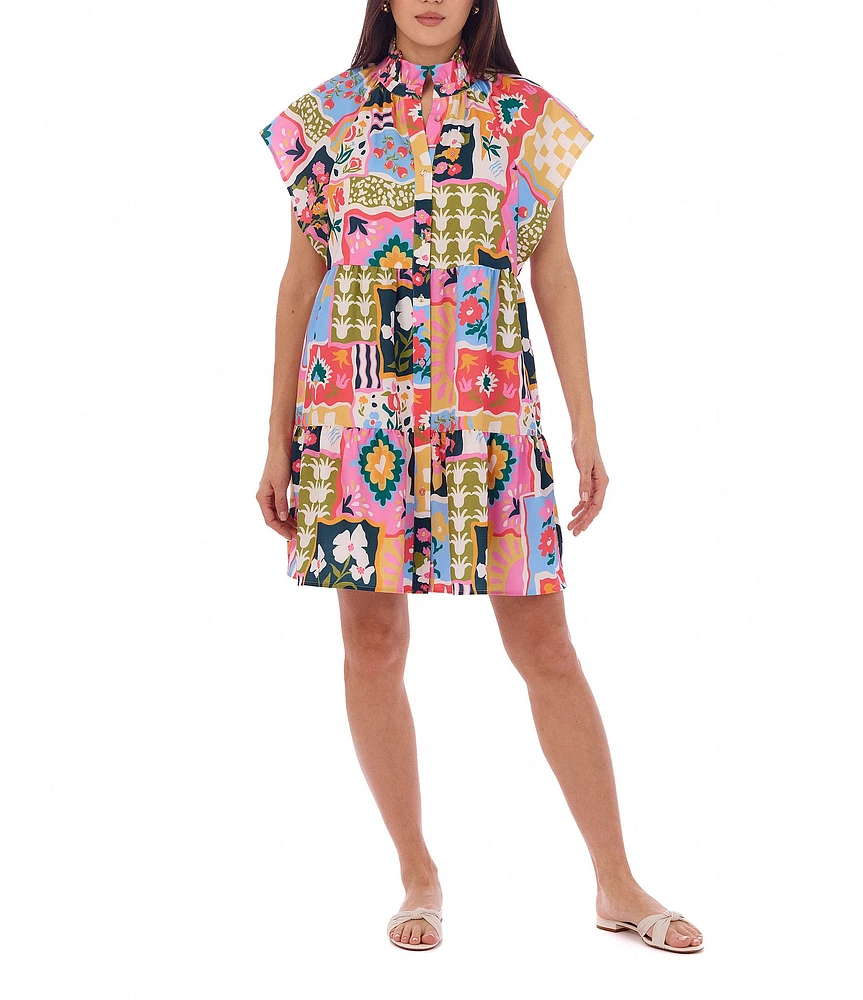 CROSBY by Mollie Burch Printed Whitley Mock Neck Short Flutter Sleeve Dress