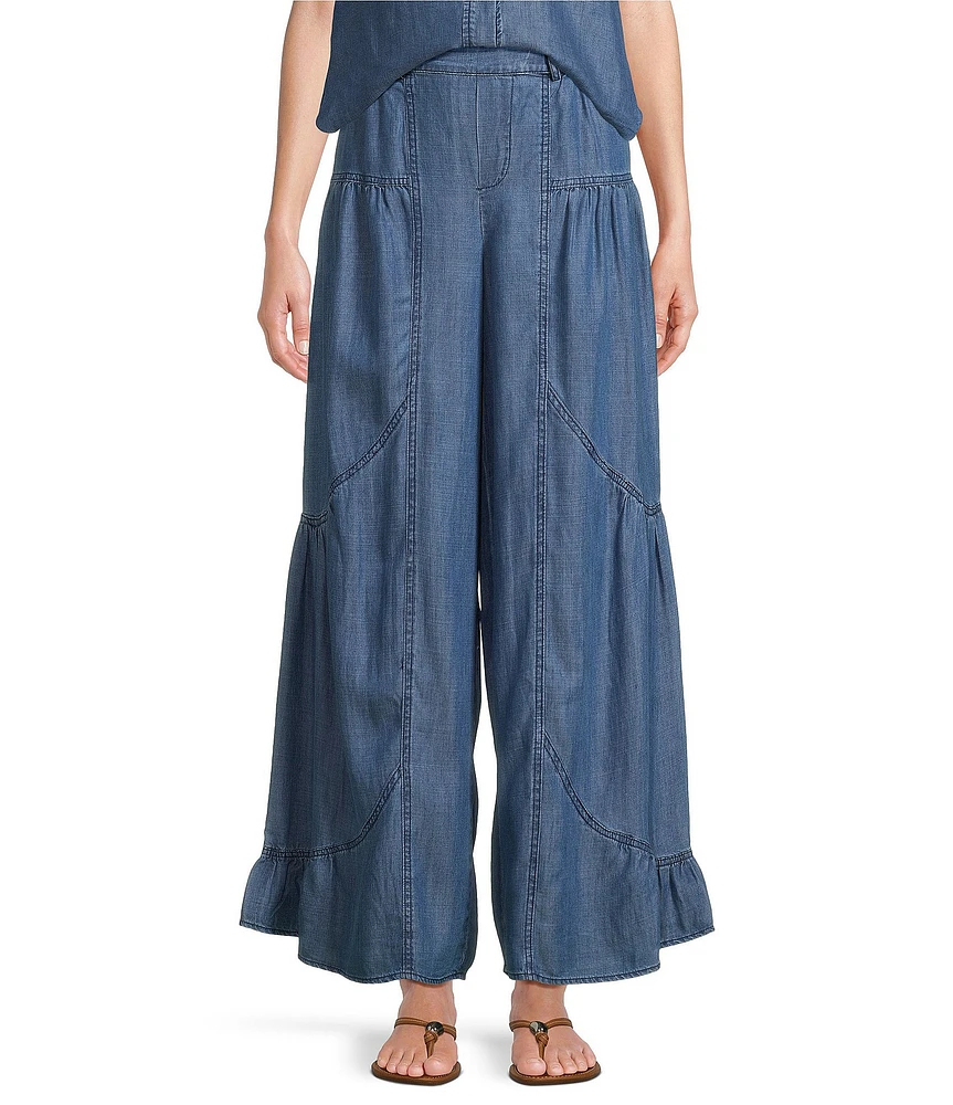 Current Air Coordinating Chambray Elastic Waist Wide Tiered Leg Pull-On Pants