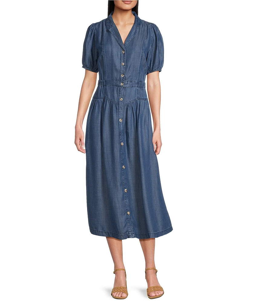 Current Air Chambray Notch Collar Puff Sleeves Button Front Shirt Midi Dress