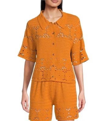 Current Air Coordinating Crochet Collared Elbow Sleeve Button Front Shirt