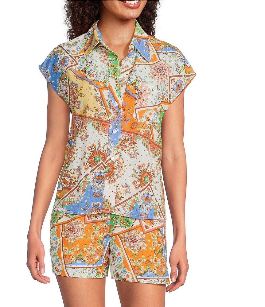 Current Air Coordinating Patchwork Point Collar Cap Sleeve Button Front Shirt