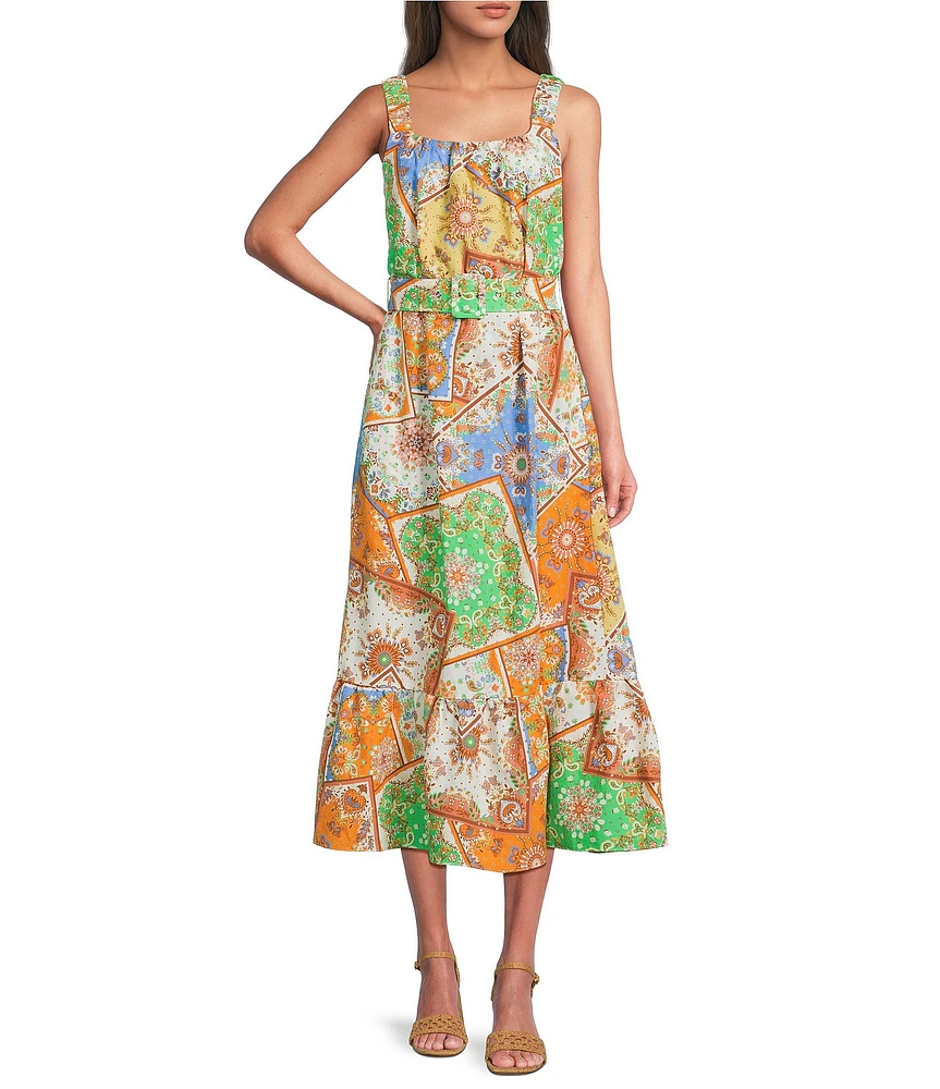 Current Air Patchwork Linen Blend Square Neck Sleeveless Belted Dress