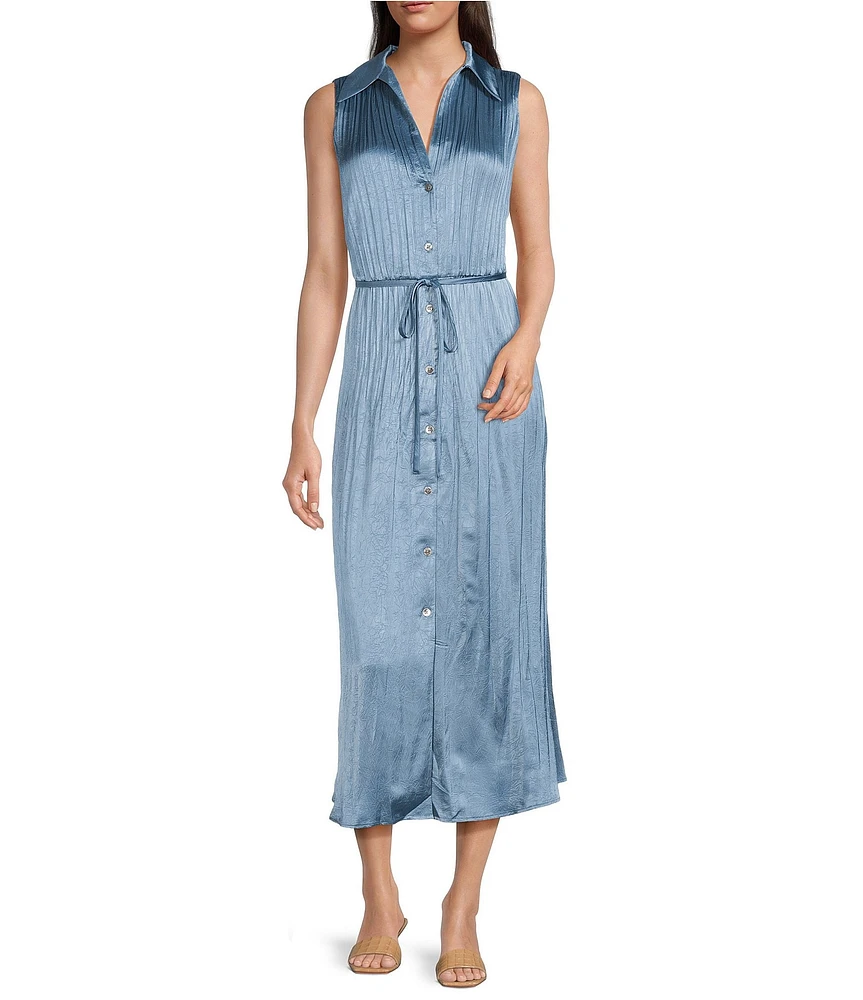 Current Air Pleated Collared Sleeveless Button Front Midi Shirtdress