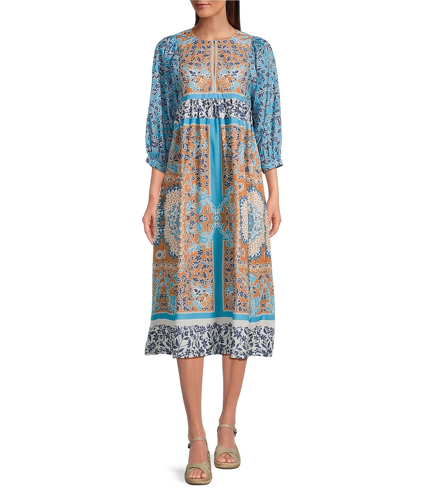 Current Air Printed Split Round Neck 3/4 Dolman Sleeve Empire Waist Midi Dress