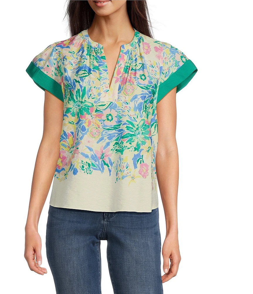 Current Air Woven Floral Print Split Neck Flutter Sleeve Contrast Trim Blouse