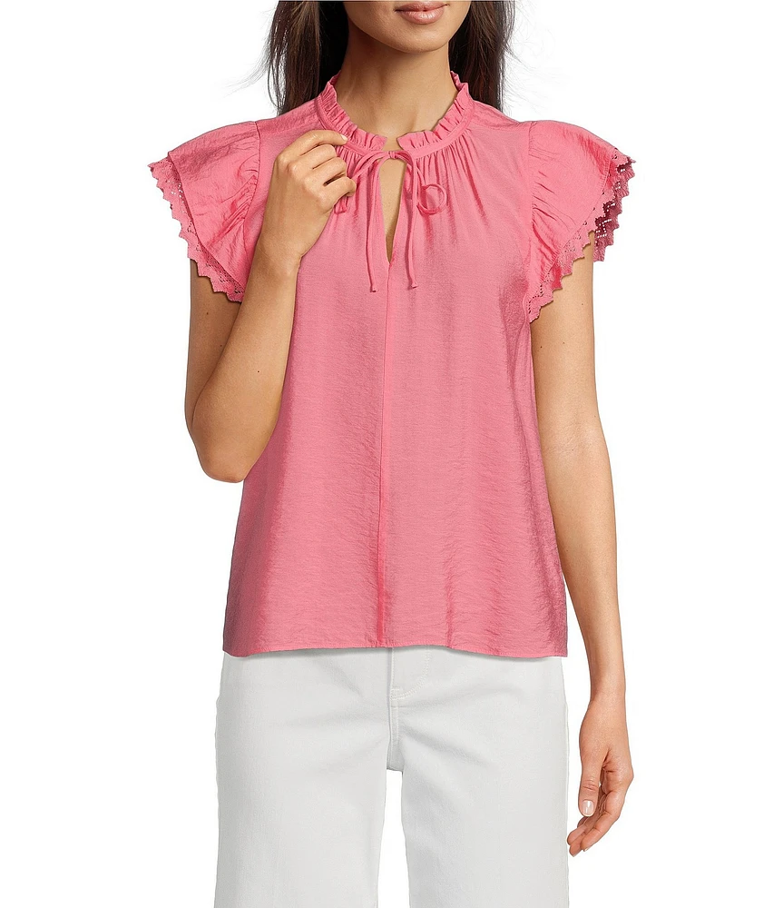 Current Air Woven Ruffle Neck Short Sleeve Crochet Trim Blouse