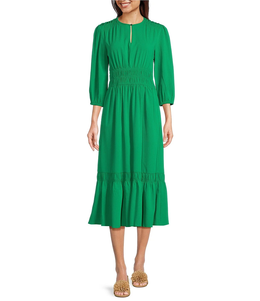 Current Air Woven Stretch Round Neck 3/4 Sleeve Smocked Waist A-Line Midi Dress