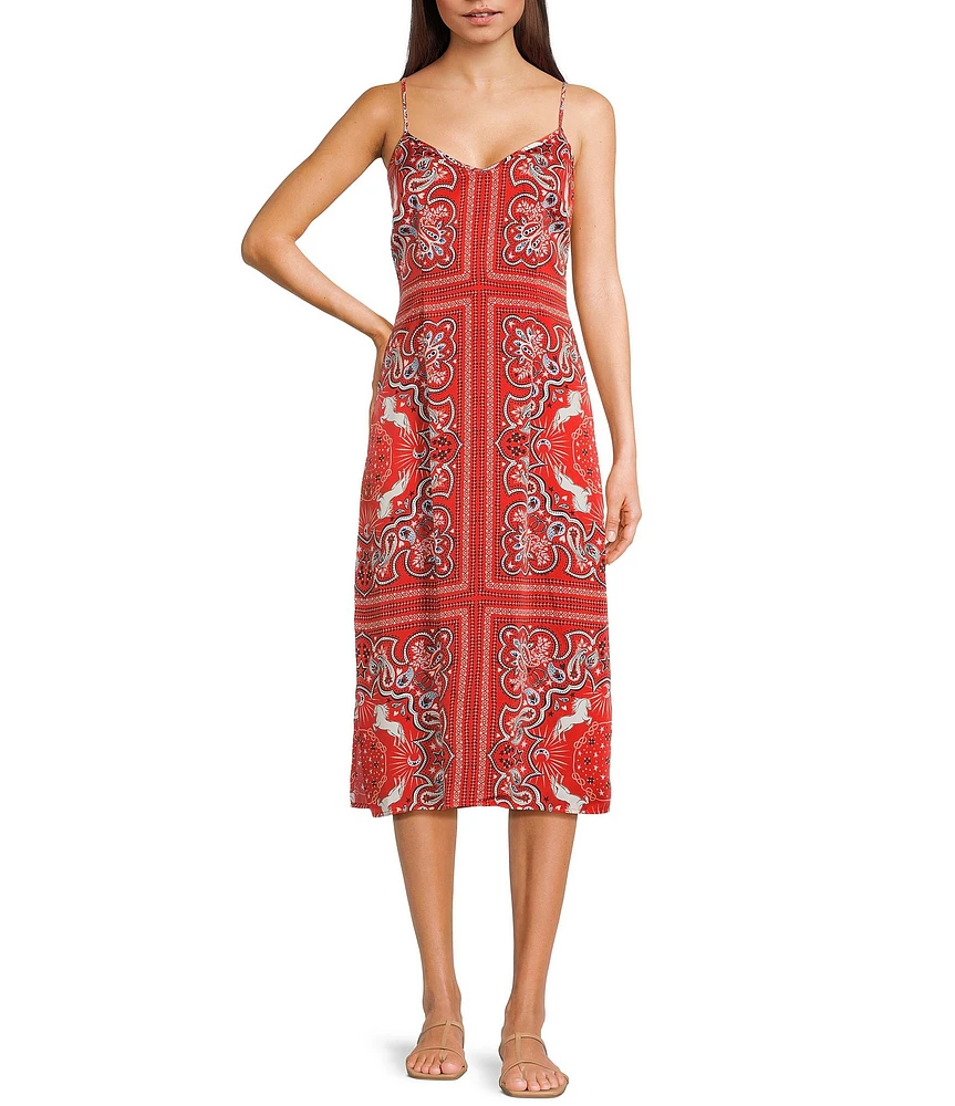 C&V Chelsea & Violet Printed V-Neck Sleeveless Midi Slip Dress