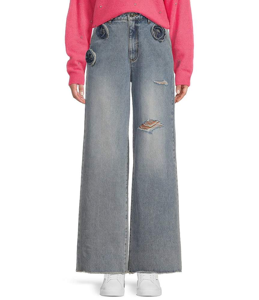 C&V Chelsea & Violet Distressed Rosette Wide Leg Denim Jeans