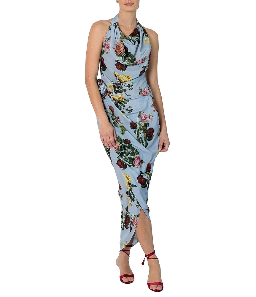 Damaris Bailey Helena Rose Print Halter Neck Sleeveless Sheath Wrap Midi Dress