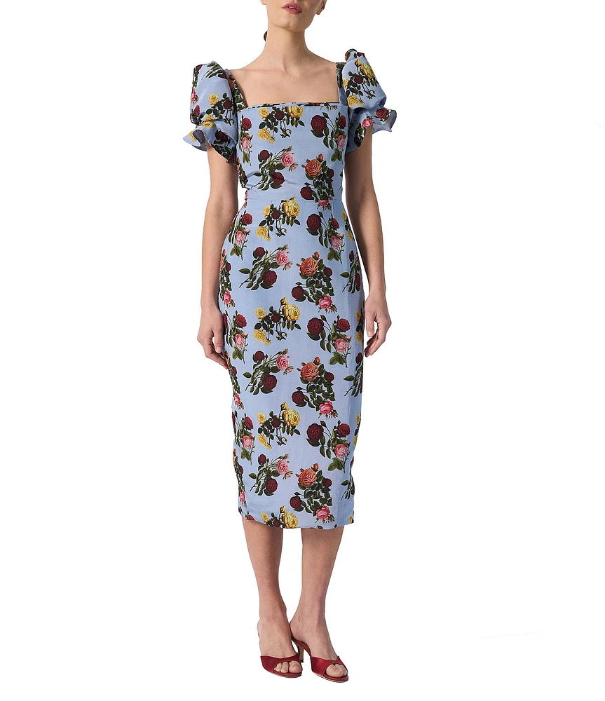Damaris Bailey Rose Printed Square Neck Short Puff Sleeve Rose Midi Dress