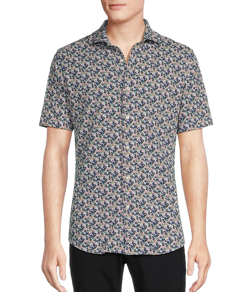 Daniel Cremieux Signature Label Floral Printed Jersey Jacquard Short Sleeve Coatfront Shirt