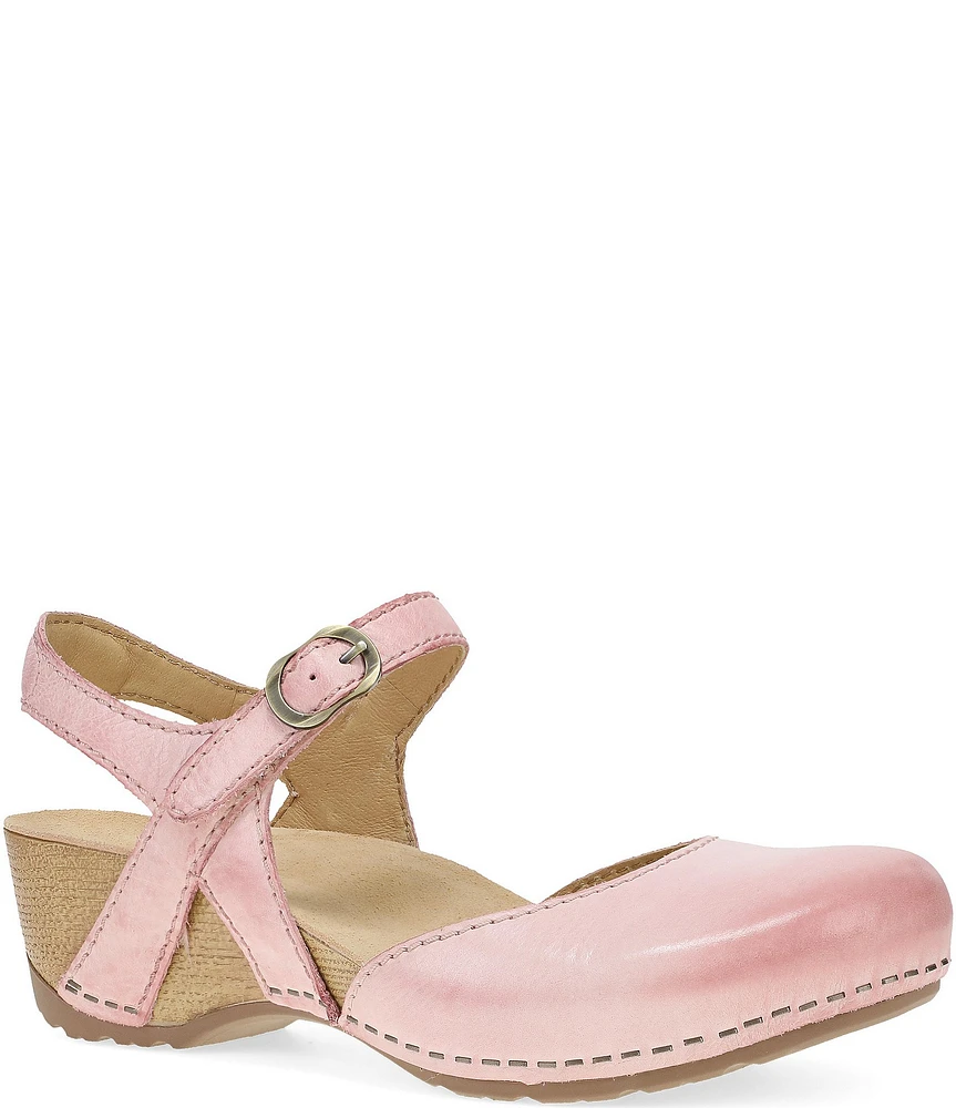 Dansko Tiffani Burnished Leather Ankle Strap Clog Pumps