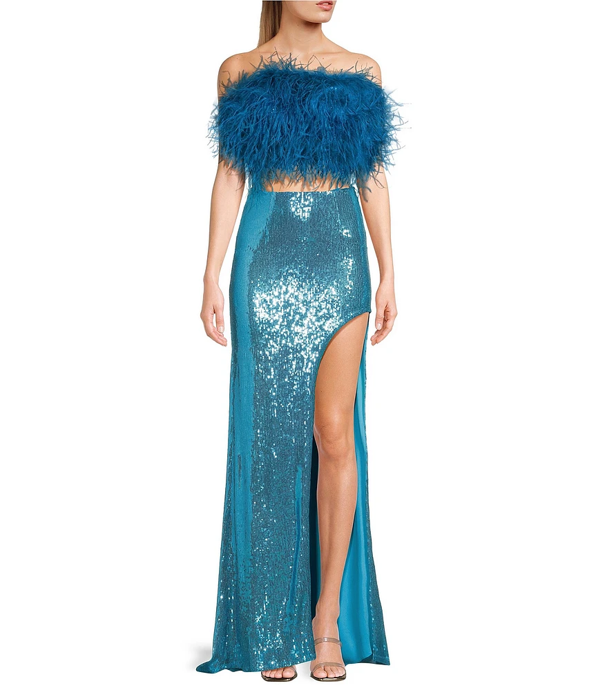 Dear Moon Faux Feather Strapless Sequin Embellished Long Two-Piece Dress