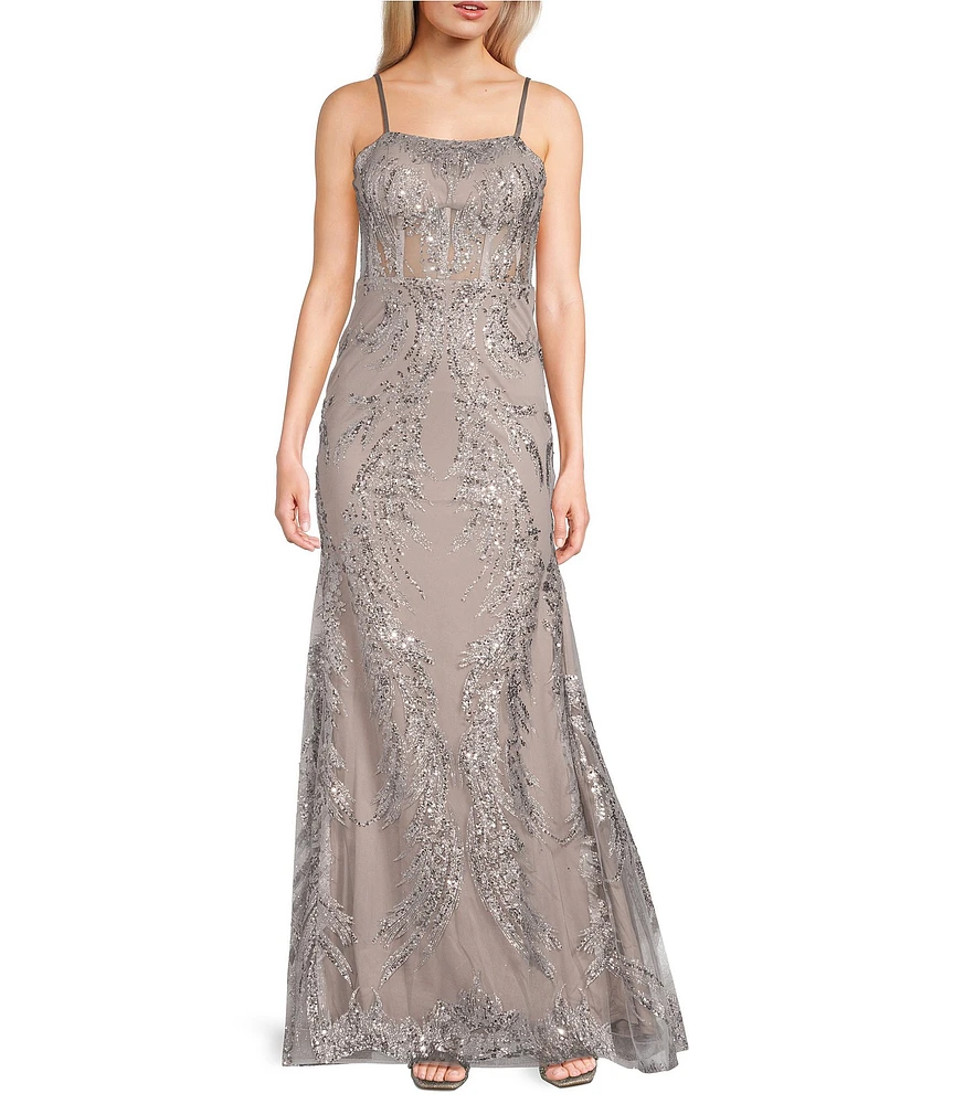 Dear Moon Printed Glitter Mesh Square Neck Spaghetti Strap Illusion Corset Gown