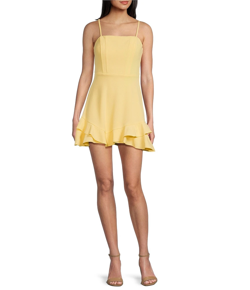 Dear Moon Scuba Crepe Spaghetti Strap Square Neck Corset Tie Back Double Ruffle Dress