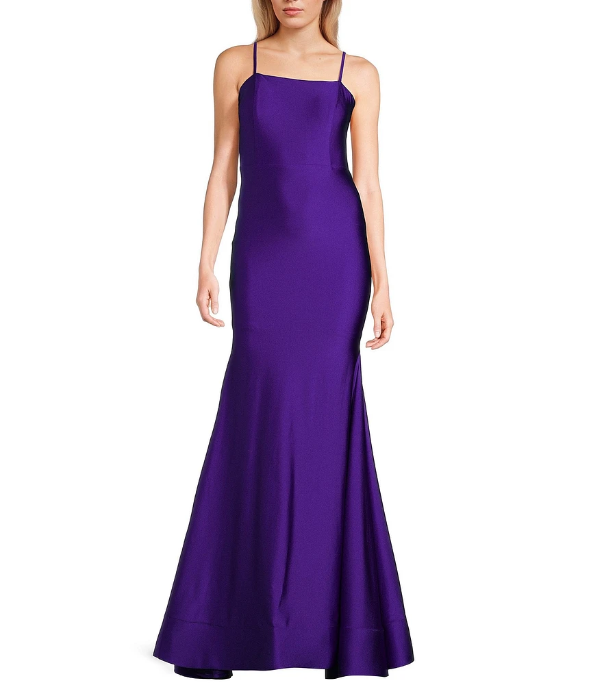 Dear Moon Square Neck Spaghetti Strap Low Ruched Tie Back Gown