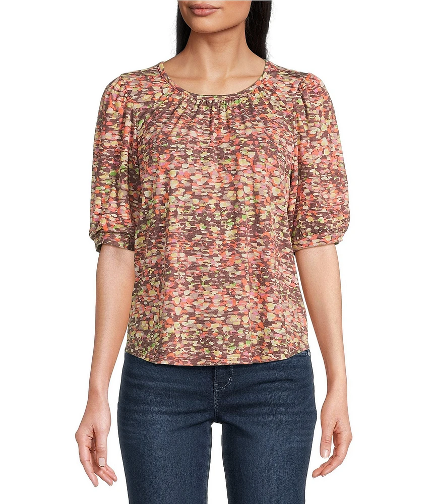 Democracy Dot Print Ruched Crew Neck Elbow Puff Sleeve Knit Top