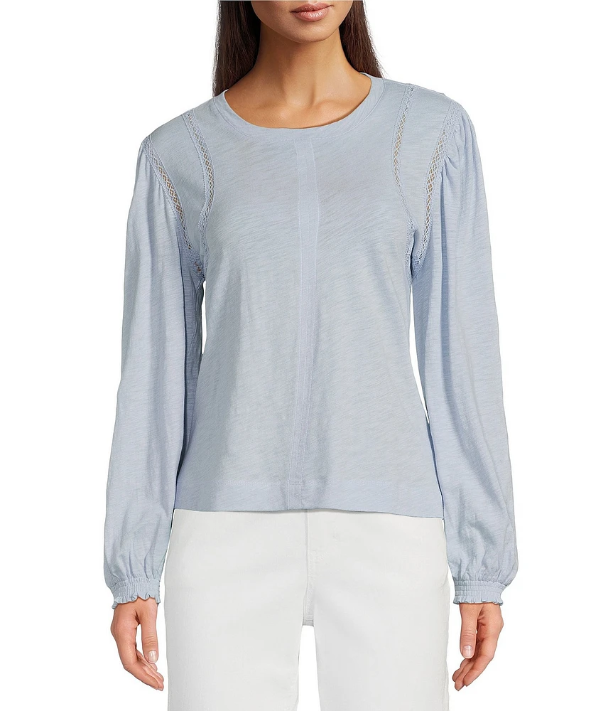 Democracy Knit Crew Neck Long Sleeve Crochet Fagoting Detail Top