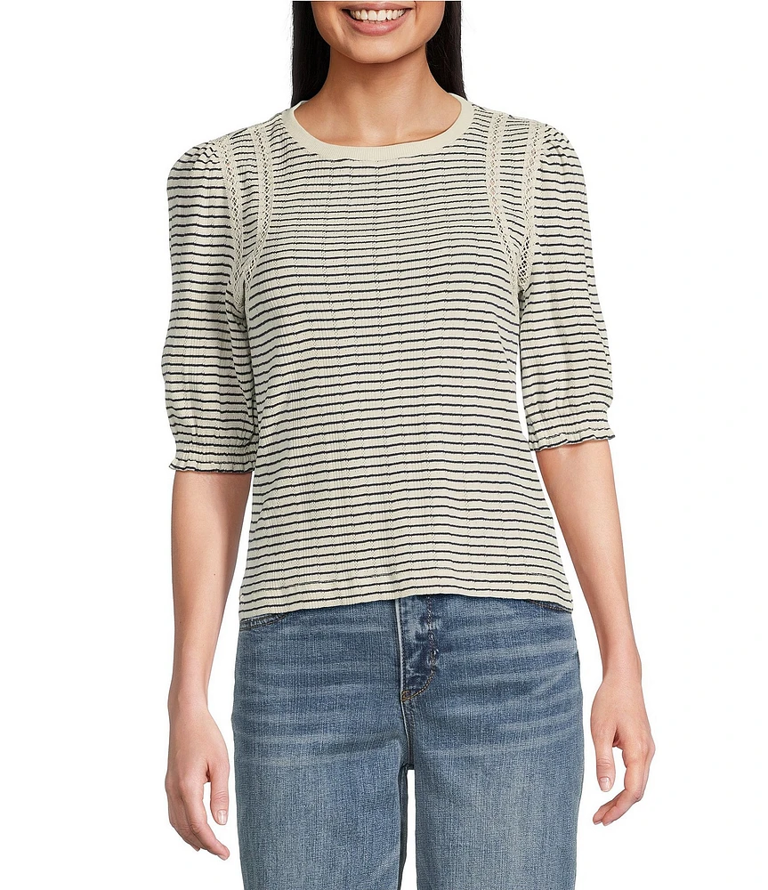 Democracy Knit Stripe Crochet Contrast Trim Crew Neck Elbow Sleeve Top