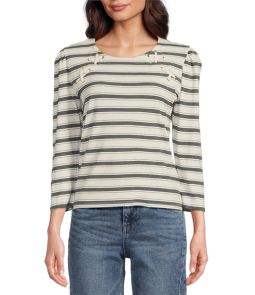 Democracy Knit Stripe Scoop Neck 3/4 Sleeve Top