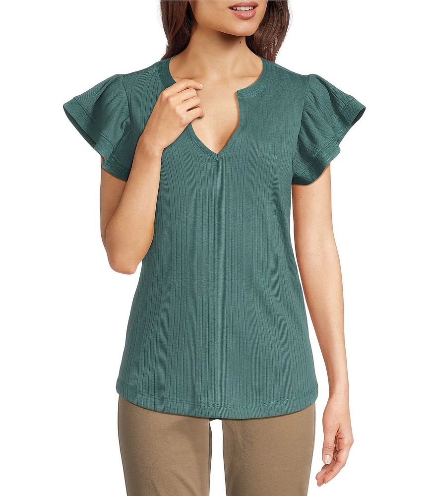 Democracy Petite Size Mix-Media Split V-Neck Cap Sleeve Shirttail Hem Knit Top