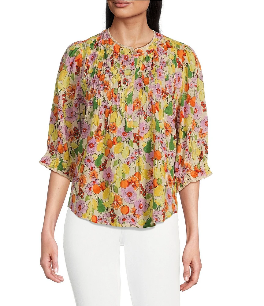 Democracy Petite Size Woven Floral Fruit Print Round Neck Elbow Sleeve Half Button Front Placket Pintuck Detail Top
