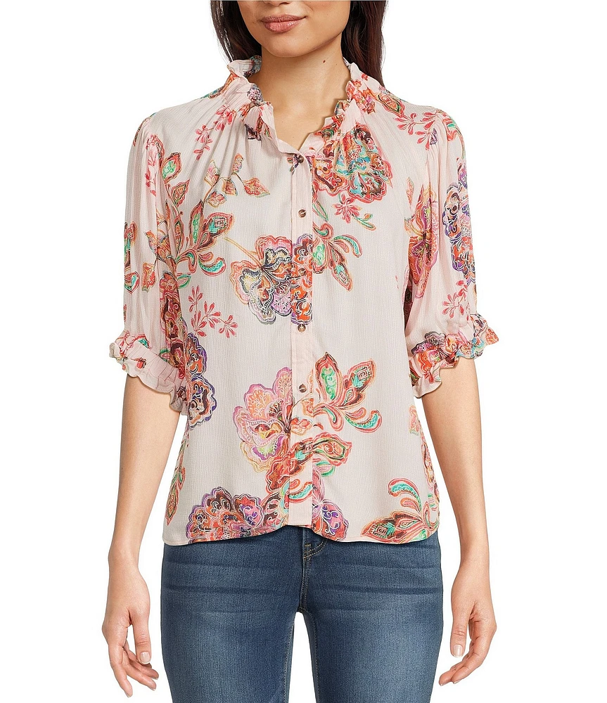 Democracy Petite Size Woven Floral Paisley Split V-Neck Elbow Sleeve Button-Front Top