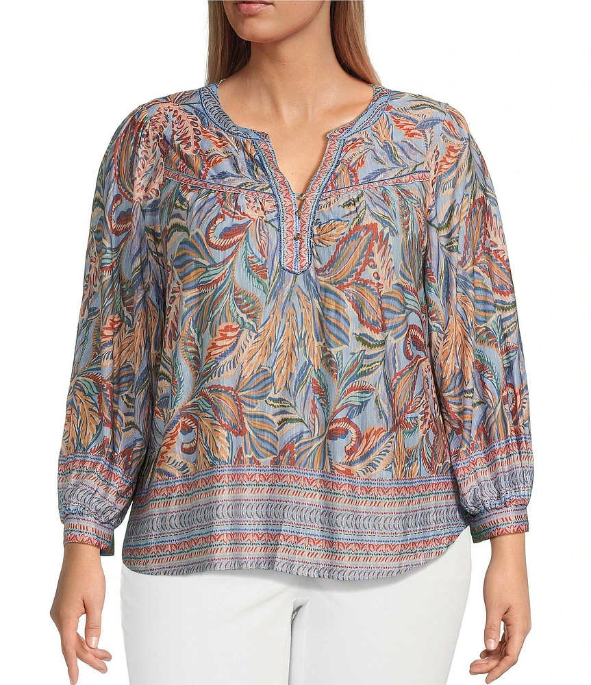 Democracy Plus Size Knit Tropical Palm Border Print Split V-Neck Long Sleeve Shirttail Hem Top
