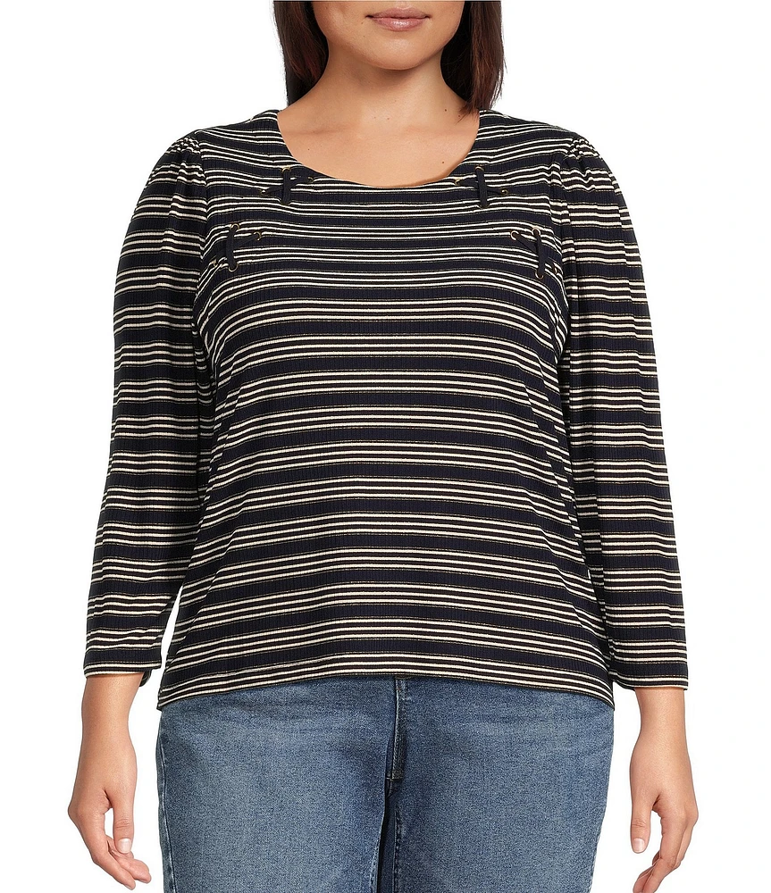 Democracy Plus Size Knit Stripe Lace up Yoke Detail Scoop Neck 3/4 Sleeve Top