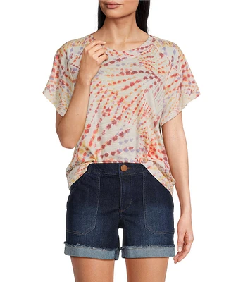 Democracy Tie-Dye Floral Knit Crew Neck Short Sleeve Boyfriend Tee Shirt