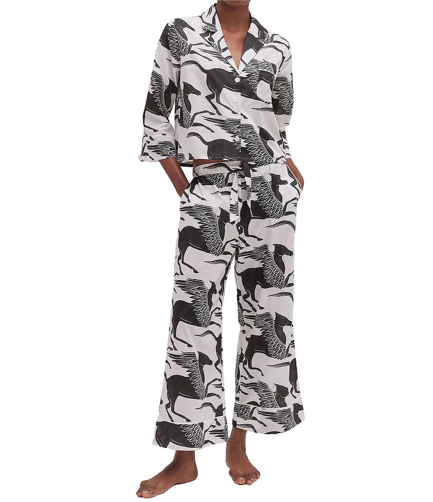 Desmond & Dempsey Pegasus Long Sleeve Notch Collar Boxy Shirt & Wide Leg Pant Woven Pajama Set