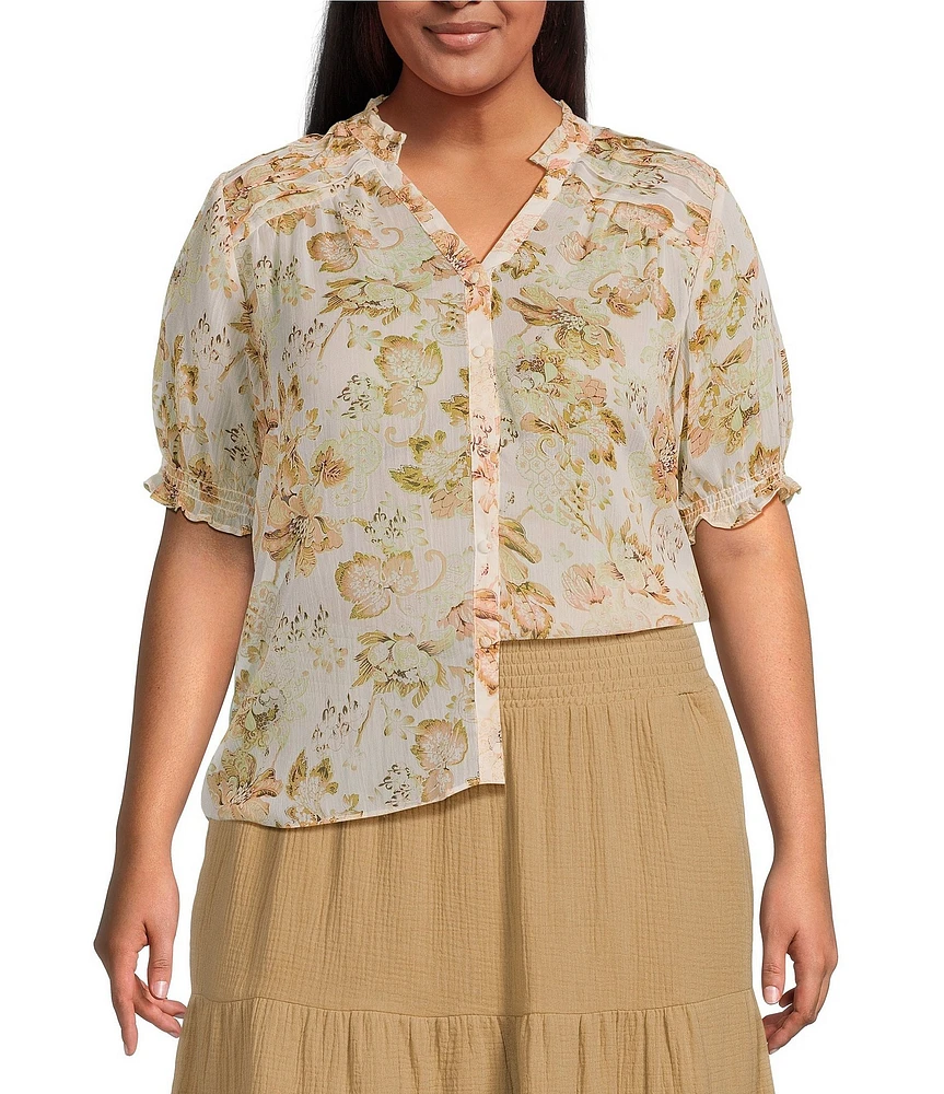 Dex Plus Floral Printed Short Sleeve Blouse