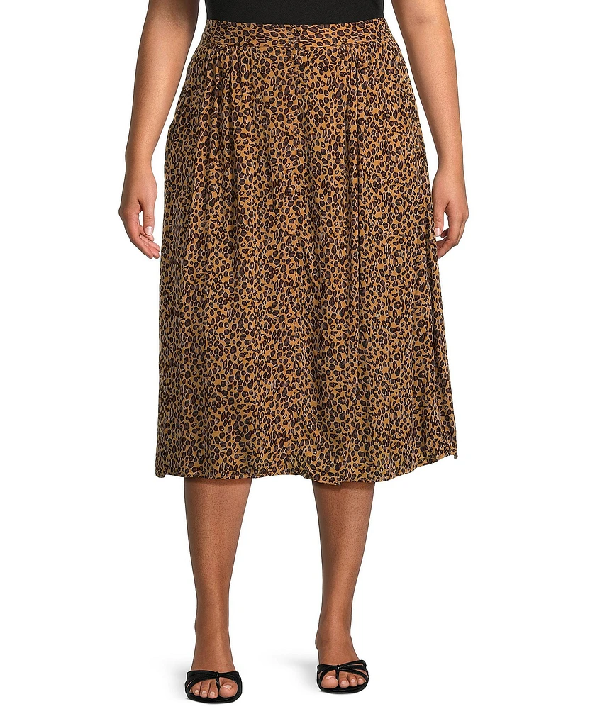 Dex Plus High Rise Leopard Print Button Front Midi Skirt