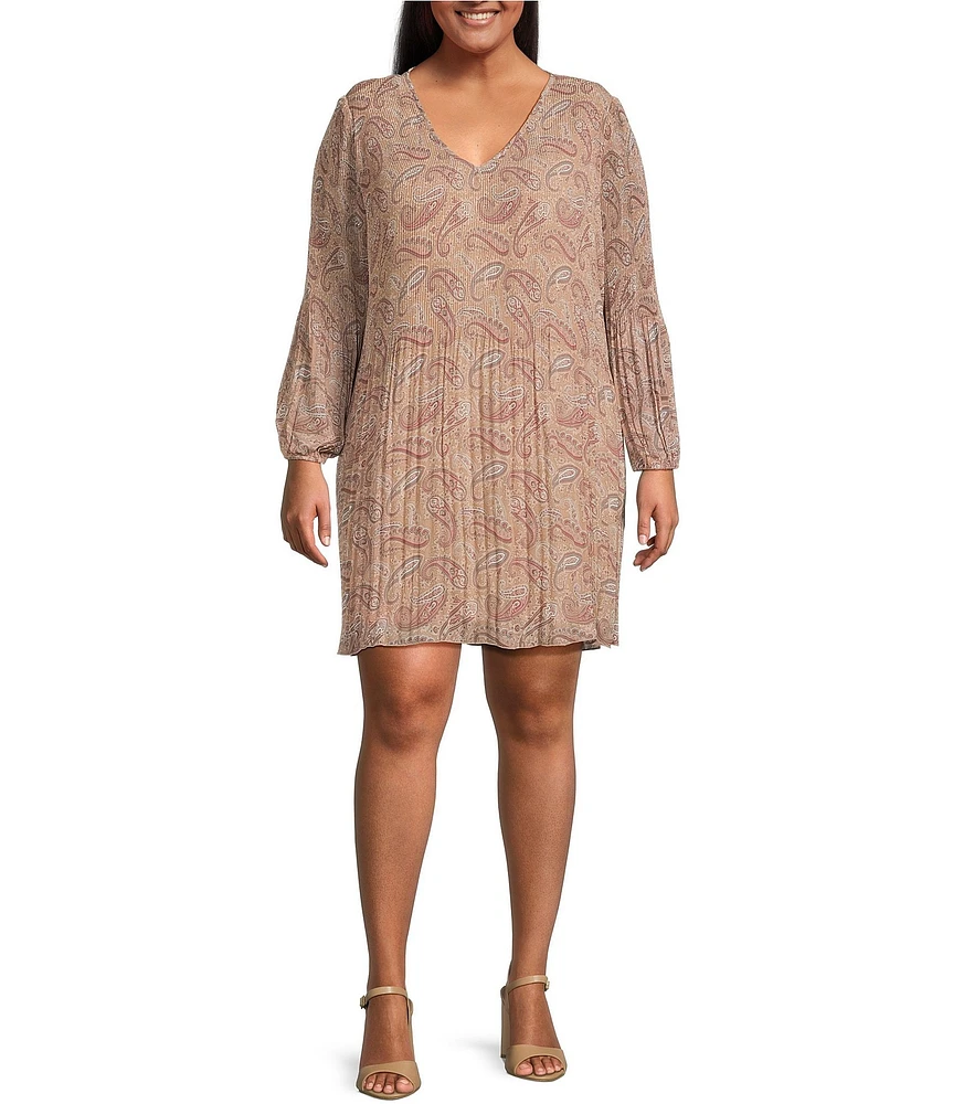 Dex Plus Paisley Printed Long Sleeve Pleated A-Line Dress